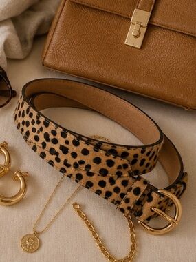 NWT Luxe Cheetah Print Hair-On Faux Leather Belt Gold Buckle